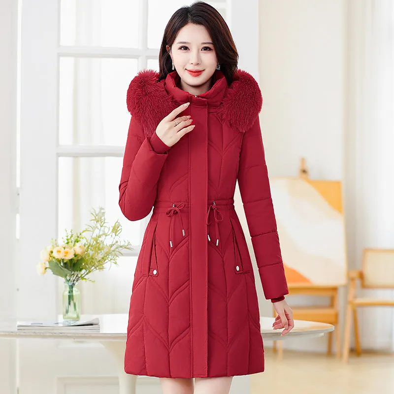 Thickened Quilted Puffer Coat with Waist Drawstring for Women