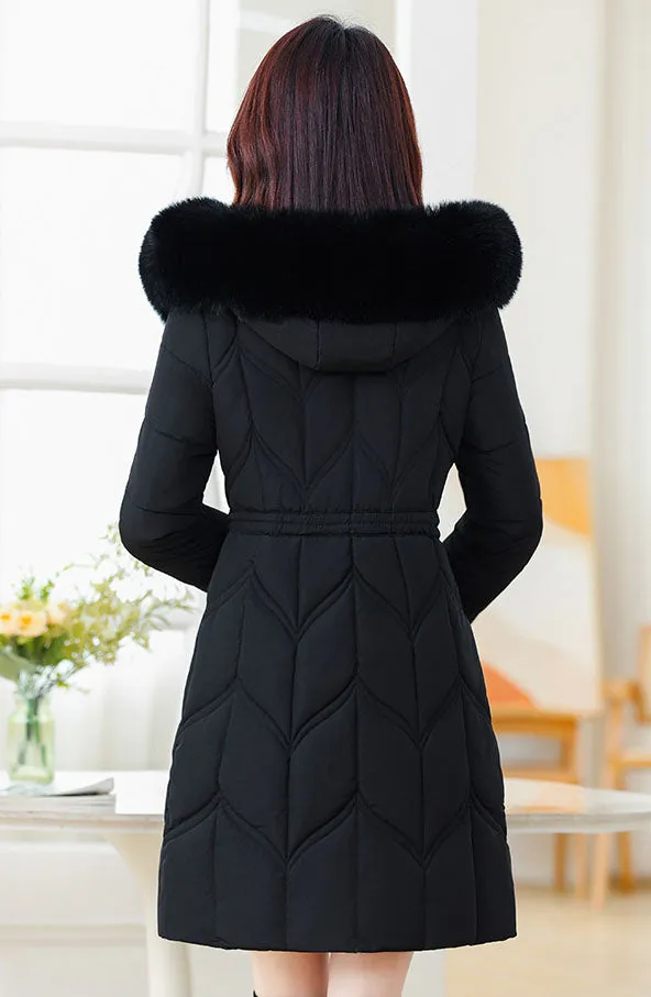 Thickened Quilted Puffer Coat with Waist Drawstring for Women
