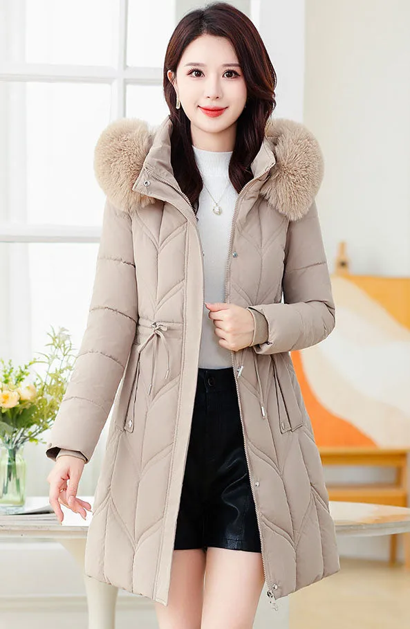 Thickened Quilted Puffer Coat with Waist Drawstring for Women