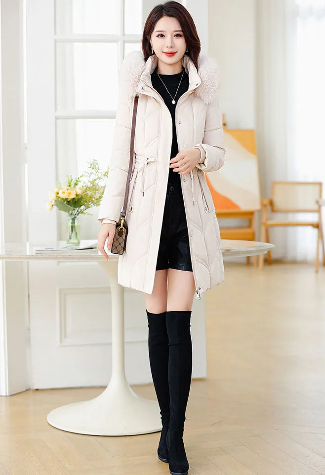 Thickened Quilted Puffer Coat with Waist Drawstring for Women