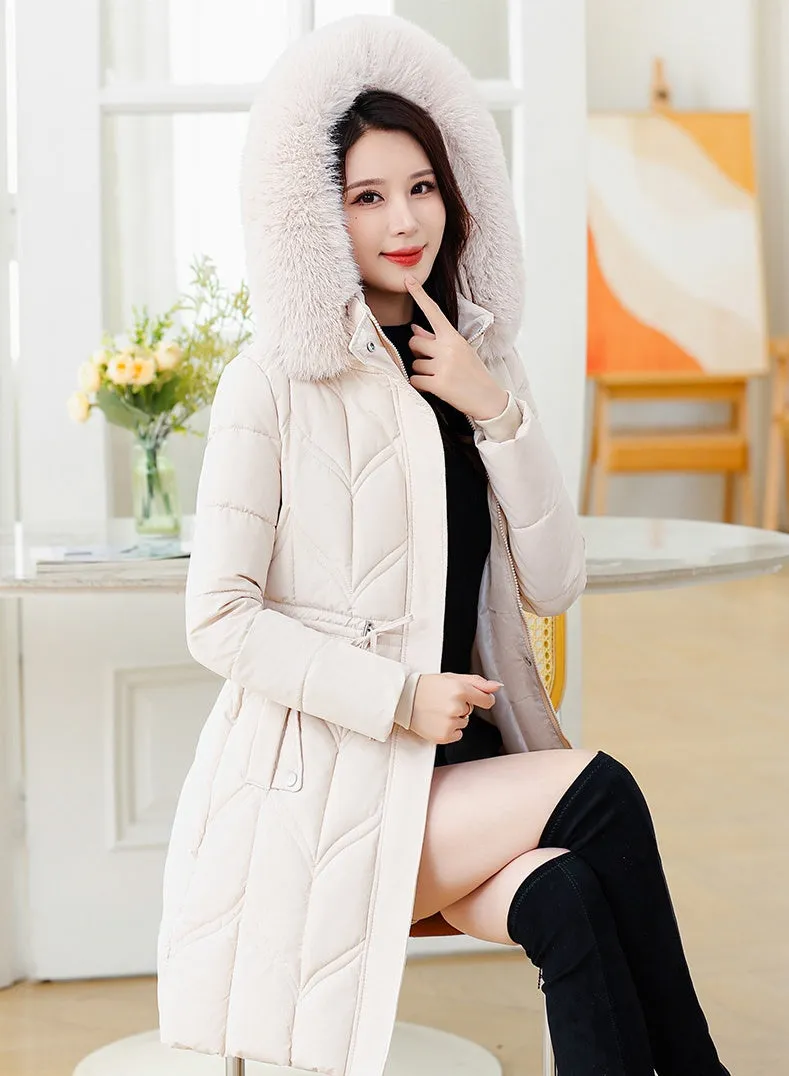Thickened Quilted Puffer Coat with Waist Drawstring for Women