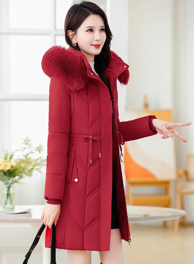 Thickened Quilted Puffer Coat with Waist Drawstring for Women