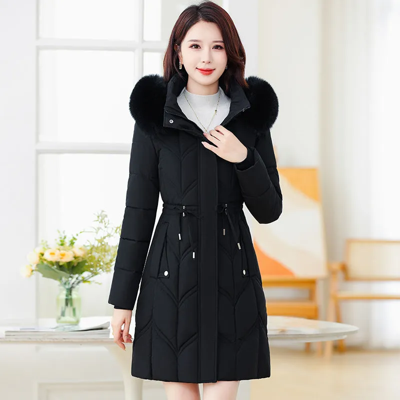 Thickened Quilted Puffer Coat with Waist Drawstring for Women