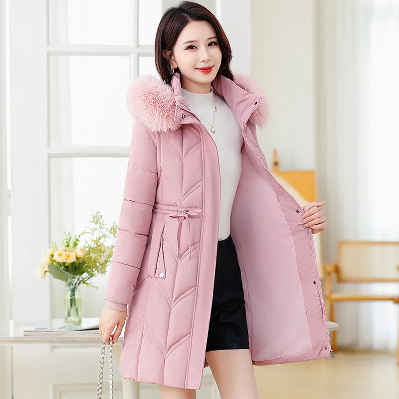Thickened Quilted Puffer Coat with Waist Drawstring for Women
