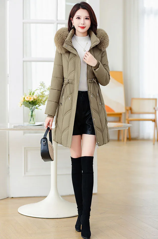 Thickened Quilted Puffer Coat with Waist Drawstring for Women