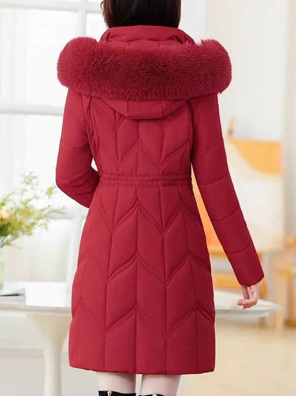 Thickened Quilted Puffer Coat with Waist Drawstring for Women