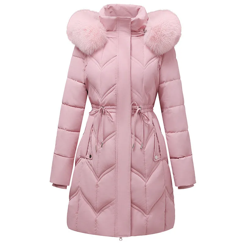 Thickened Quilted Puffer Coat with Waist Drawstring for Women