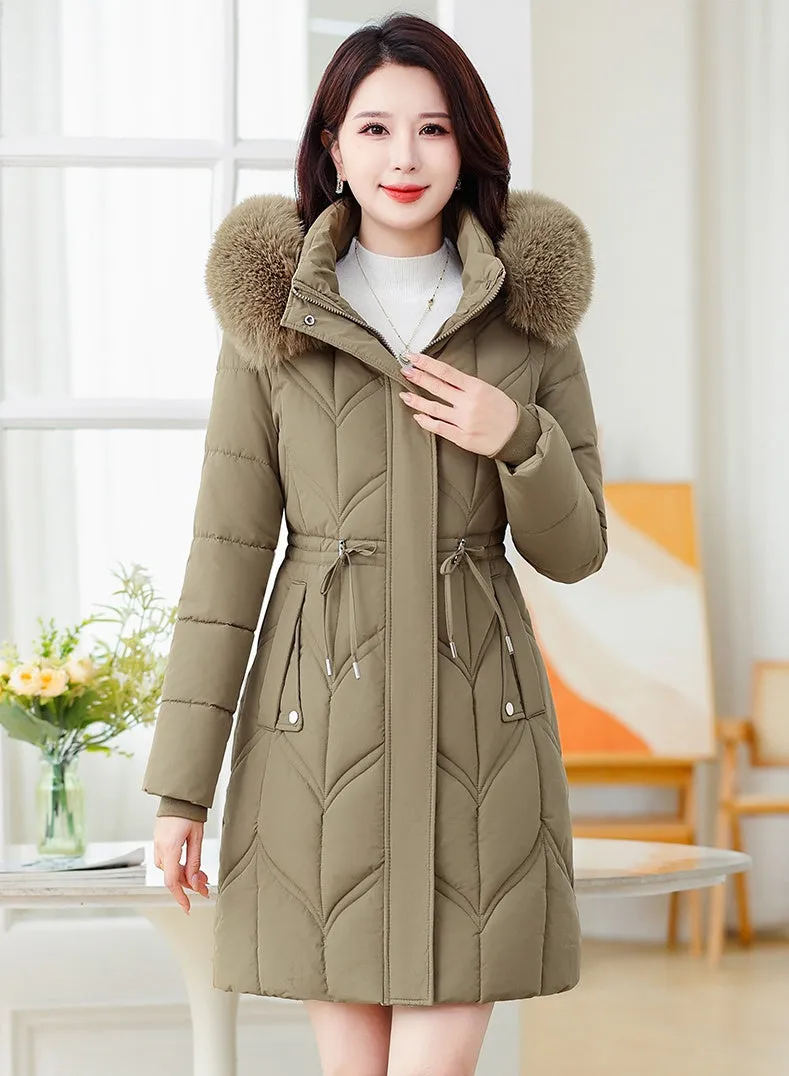 Thickened Quilted Puffer Coat with Waist Drawstring for Women