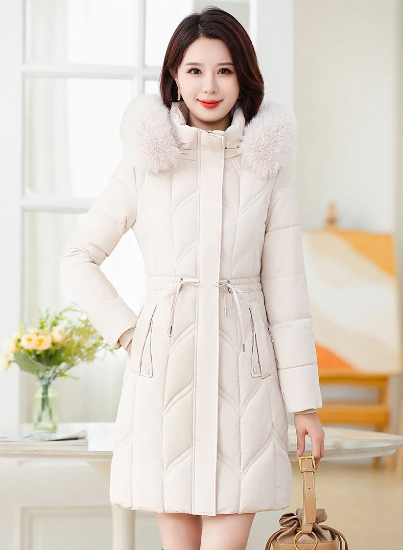 Thickened Quilted Puffer Coat with Waist Drawstring for Women