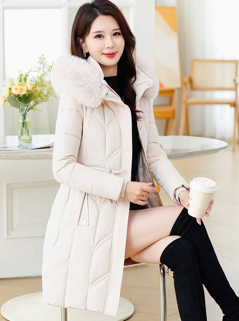 Thickened Quilted Puffer Coat with Waist Drawstring for Women