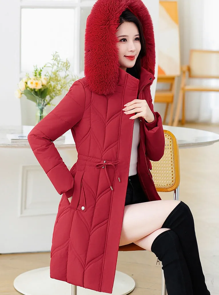Thickened Quilted Puffer Coat with Waist Drawstring for Women