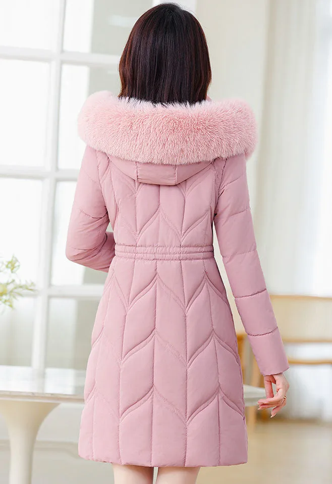 Thickened Quilted Puffer Coat with Waist Drawstring for Women