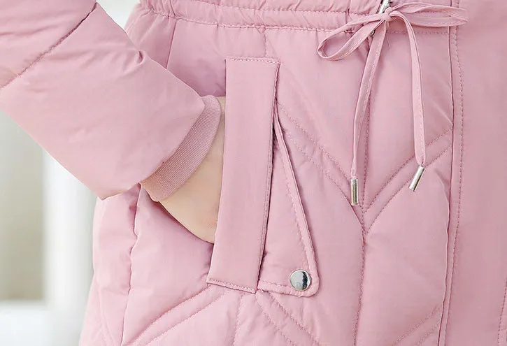 Thickened Quilted Puffer Coat with Waist Drawstring for Women