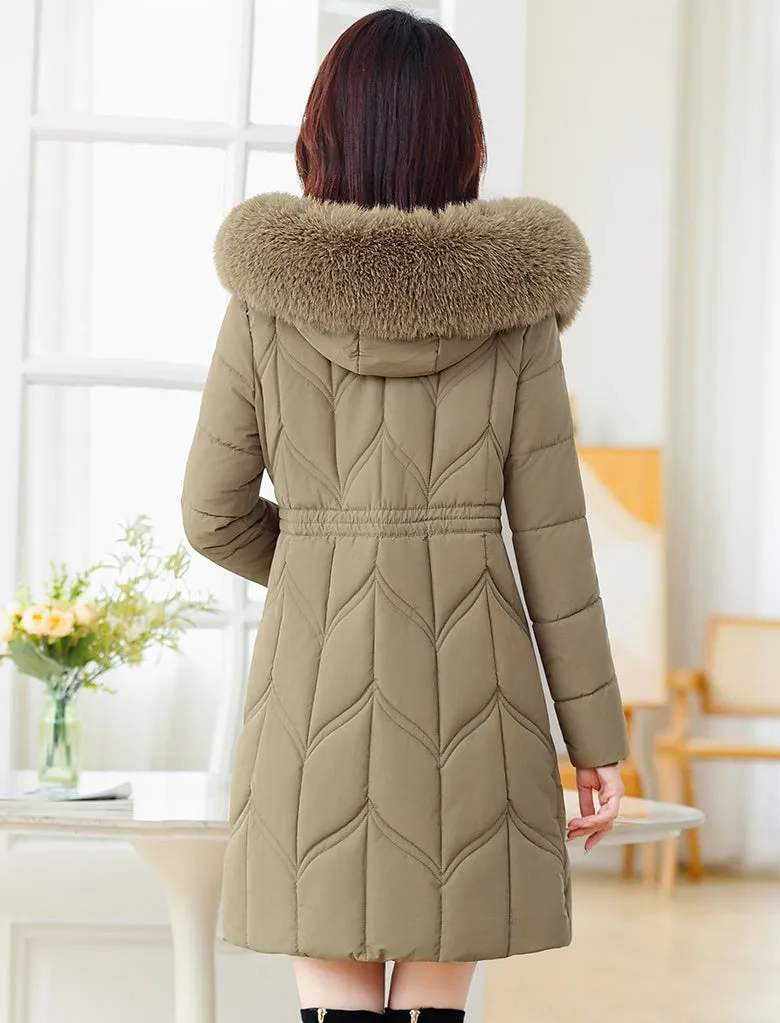 Thickened Quilted Puffer Coat with Waist Drawstring for Women