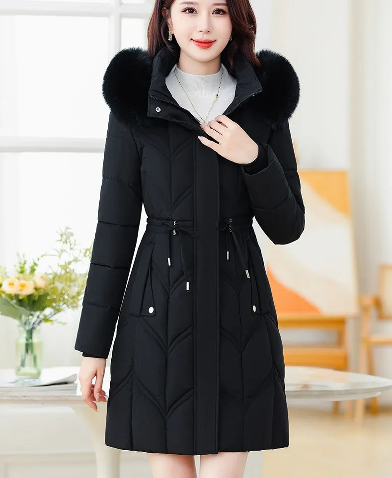 Thickened Quilted Puffer Coat with Waist Drawstring for Women