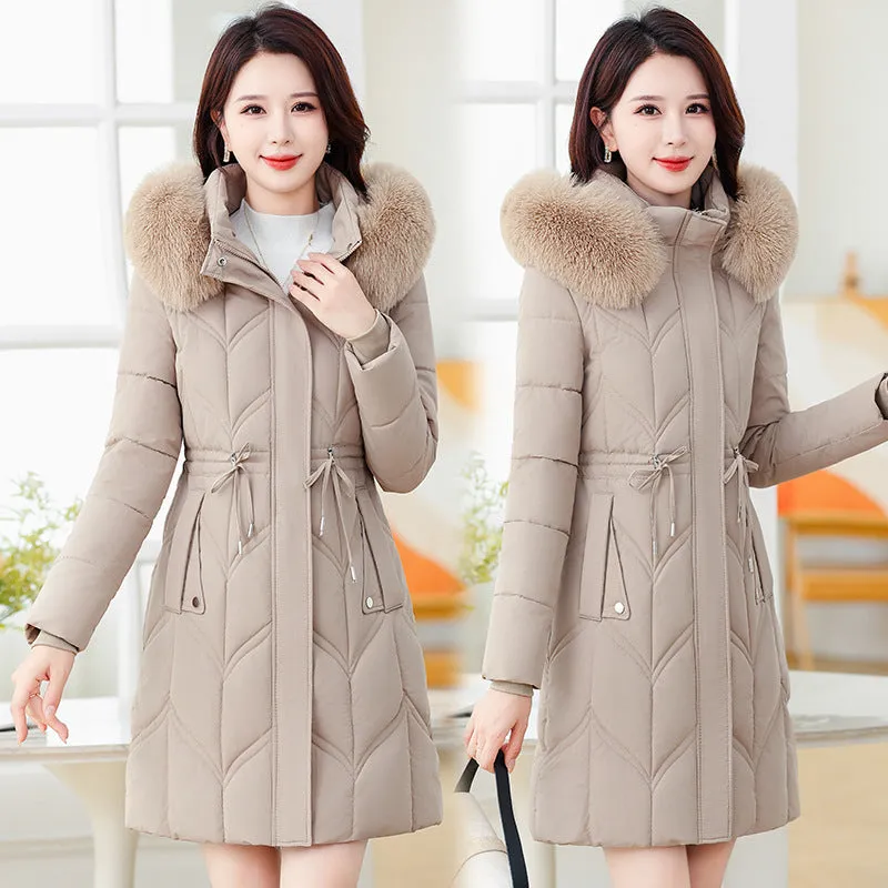 Thickened Quilted Puffer Coat with Waist Drawstring for Women