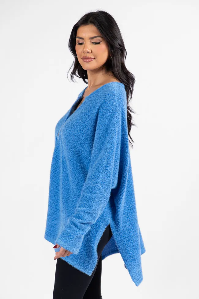 Thinking Of You Blue Fuzzy Henley Blouse FINAL SALE