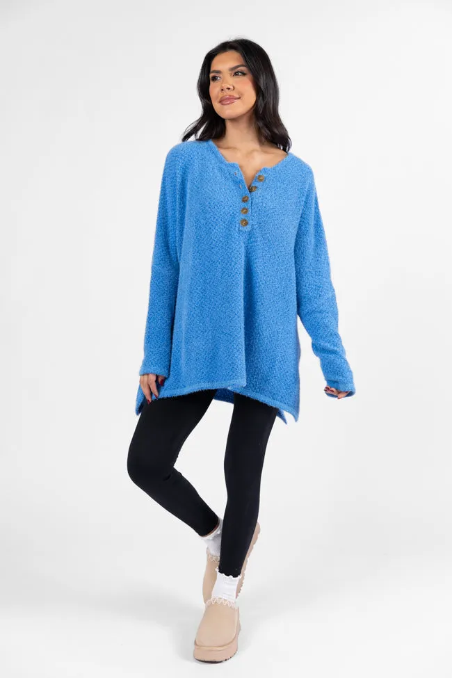 Thinking Of You Blue Fuzzy Henley Blouse FINAL SALE