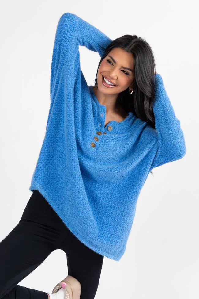 Thinking Of You Blue Fuzzy Henley Blouse FINAL SALE