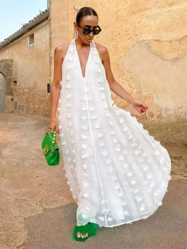 Three-Dimensional Floral Halter Neck Maxi Dress with V-Neck