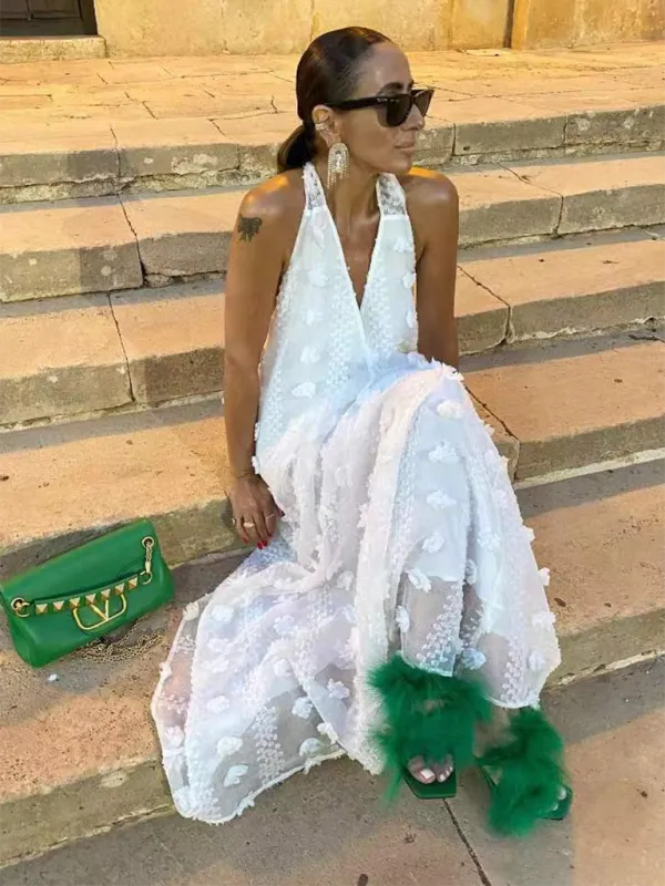 Three-Dimensional Floral Halter Neck Maxi Dress with V-Neck