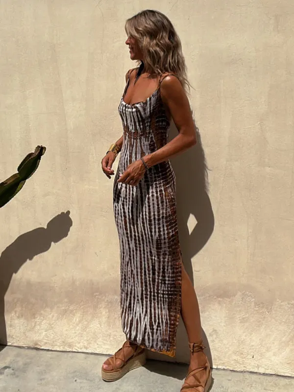 Tie-Dye Maxi Dress with Halter Neckline and Side Slit