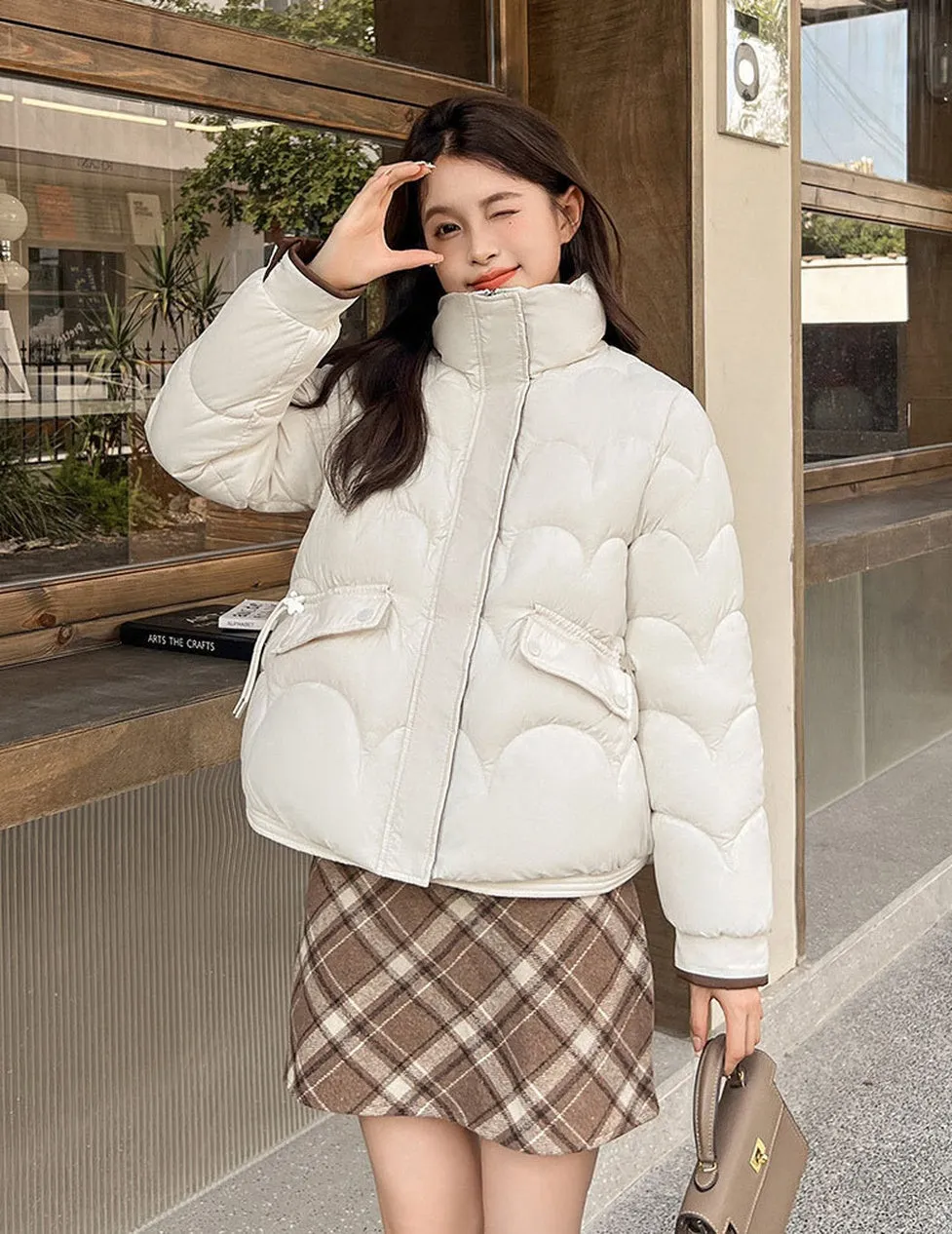 Trendy Quilted Puffer Jacket with Button Pocket