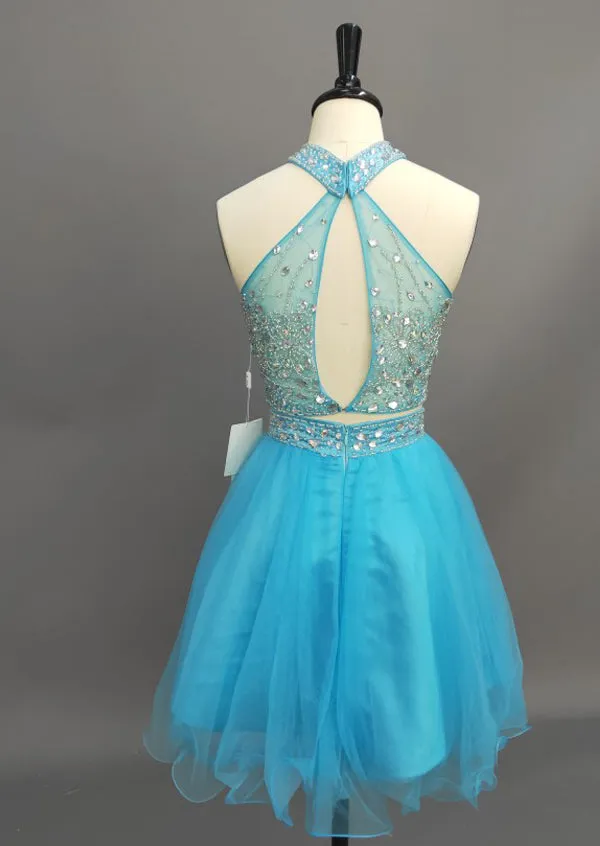Tulle A-Line Halter Romantic Sleeveless Short Mini Keyhole Dress with Beading Sequins