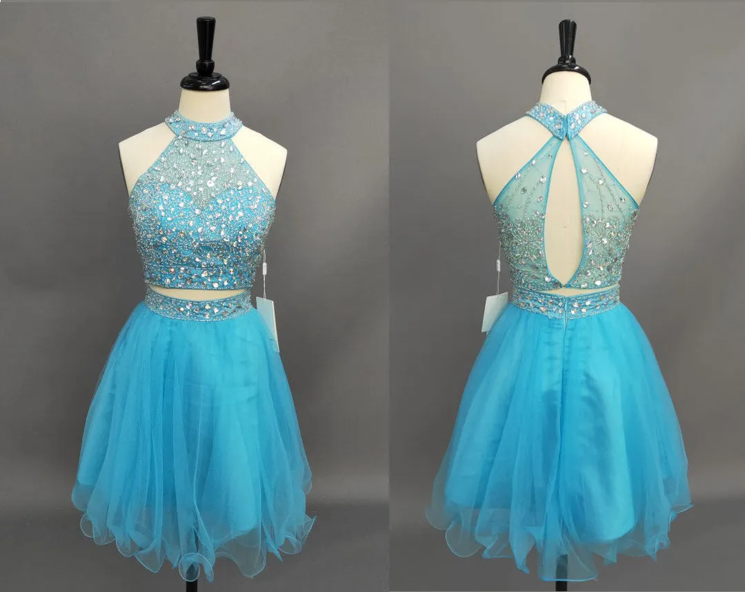 Tulle A-Line Halter Romantic Sleeveless Short Mini Keyhole Dress with Beading Sequins