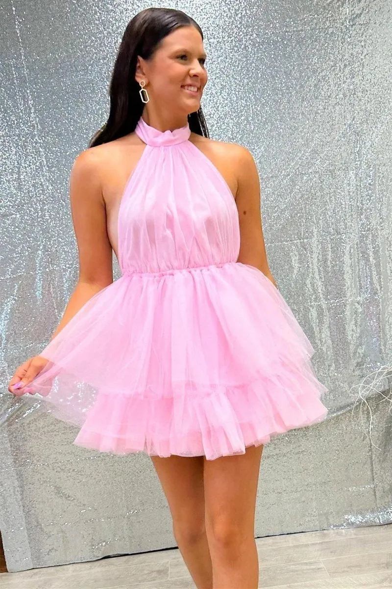 Tulle Halter Short Homecoming Dresses with Ruffles