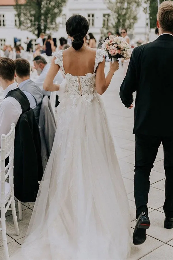 Tulle Off the shoulder A-line Sweep Train Wedding Dresses With Appliques,MW469