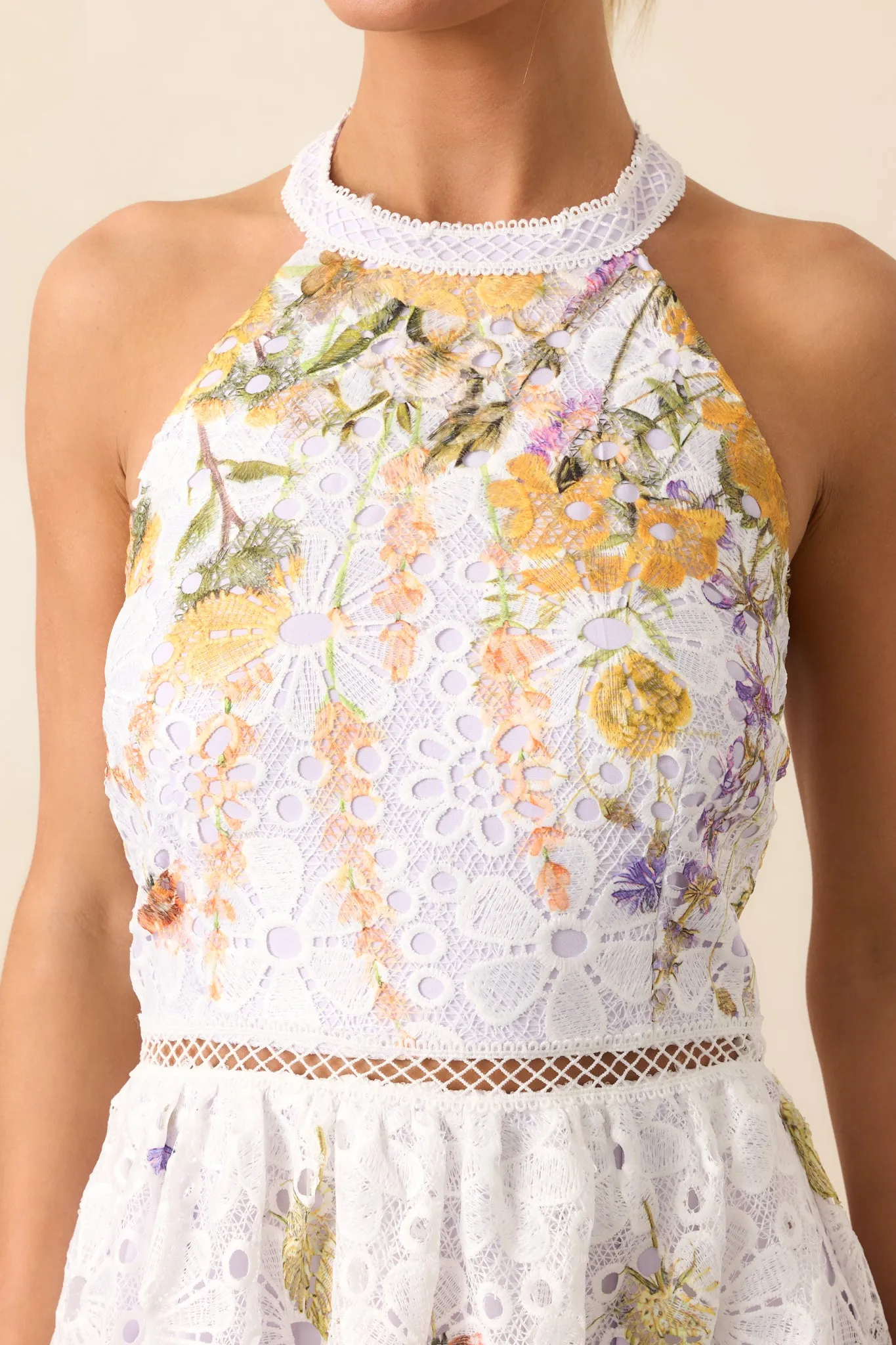 Twirl Me Lavender Floral Embroidered Halter Midi Dress