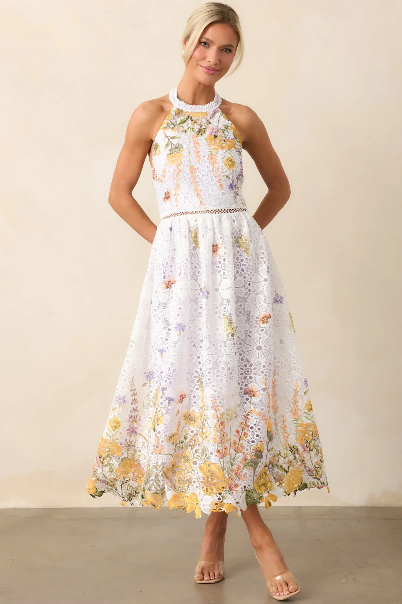 Twirl Me Lavender Floral Embroidered Halter Midi Dress