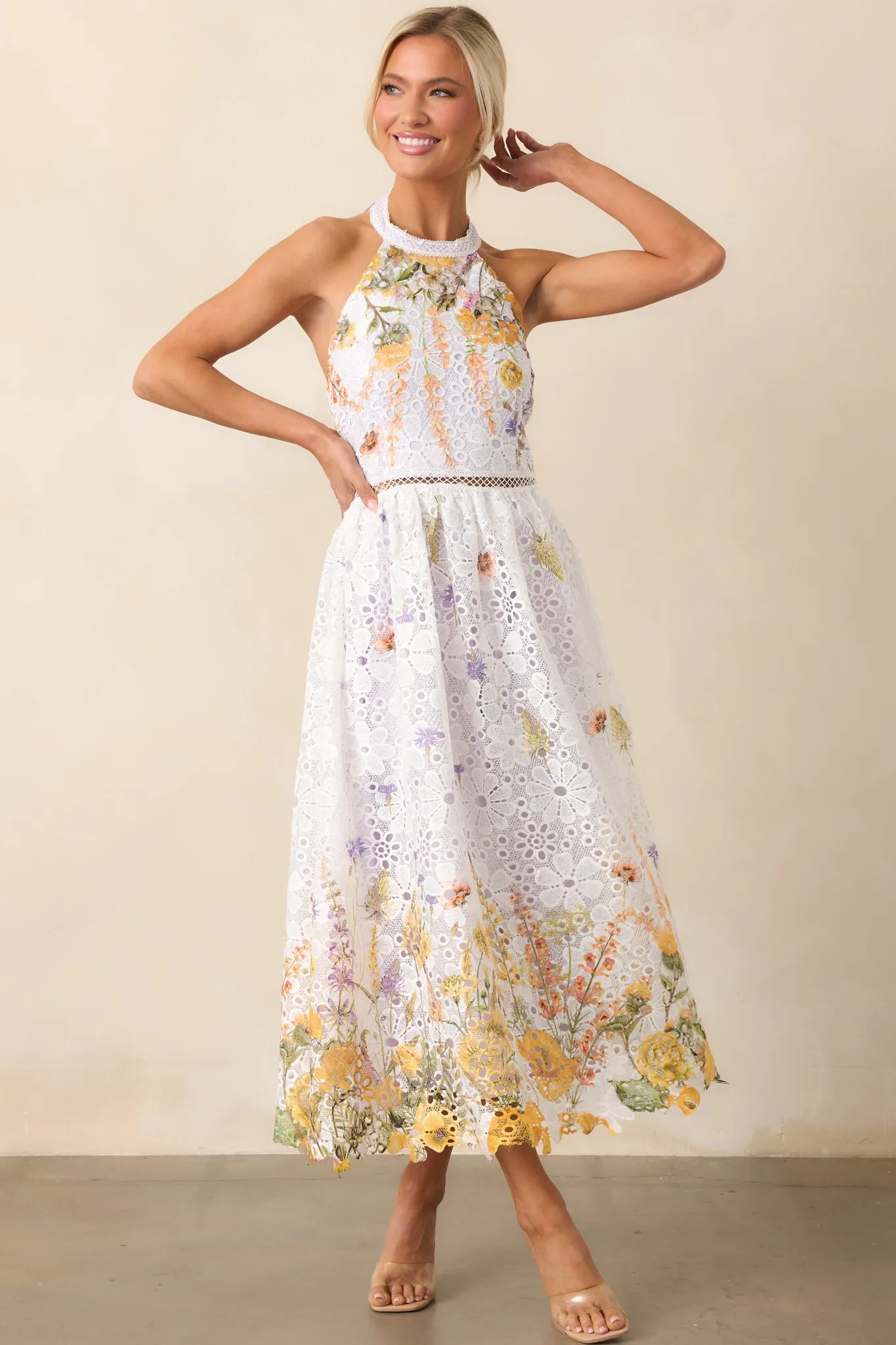Twirl Me Lavender Floral Embroidered Halter Midi Dress