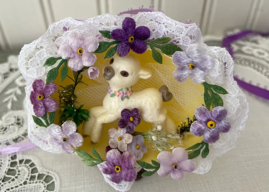 Two Vintage Hand Made Real Egg Easter Diorama Ornaments with Lambs