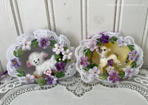 Two Vintage Hand Made Real Egg Easter Diorama Ornaments with Lambs
