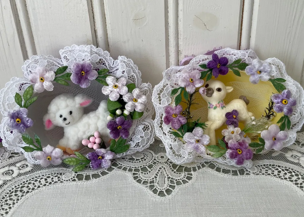Two Vintage Hand Made Real Egg Easter Diorama Ornaments with Lambs