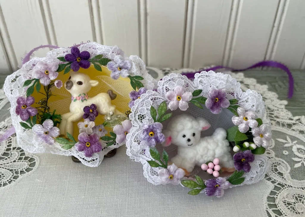 Two Vintage Hand Made Real Egg Easter Diorama Ornaments with Lambs