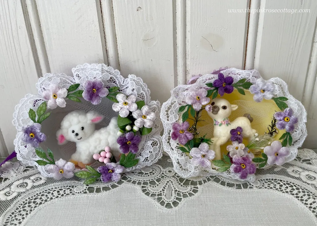 Two Vintage Hand Made Real Egg Easter Diorama Ornaments with Lambs