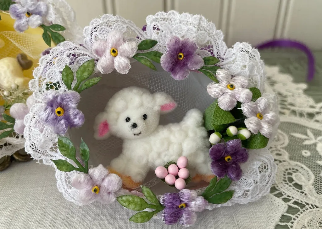 Two Vintage Hand Made Real Egg Easter Diorama Ornaments with Lambs