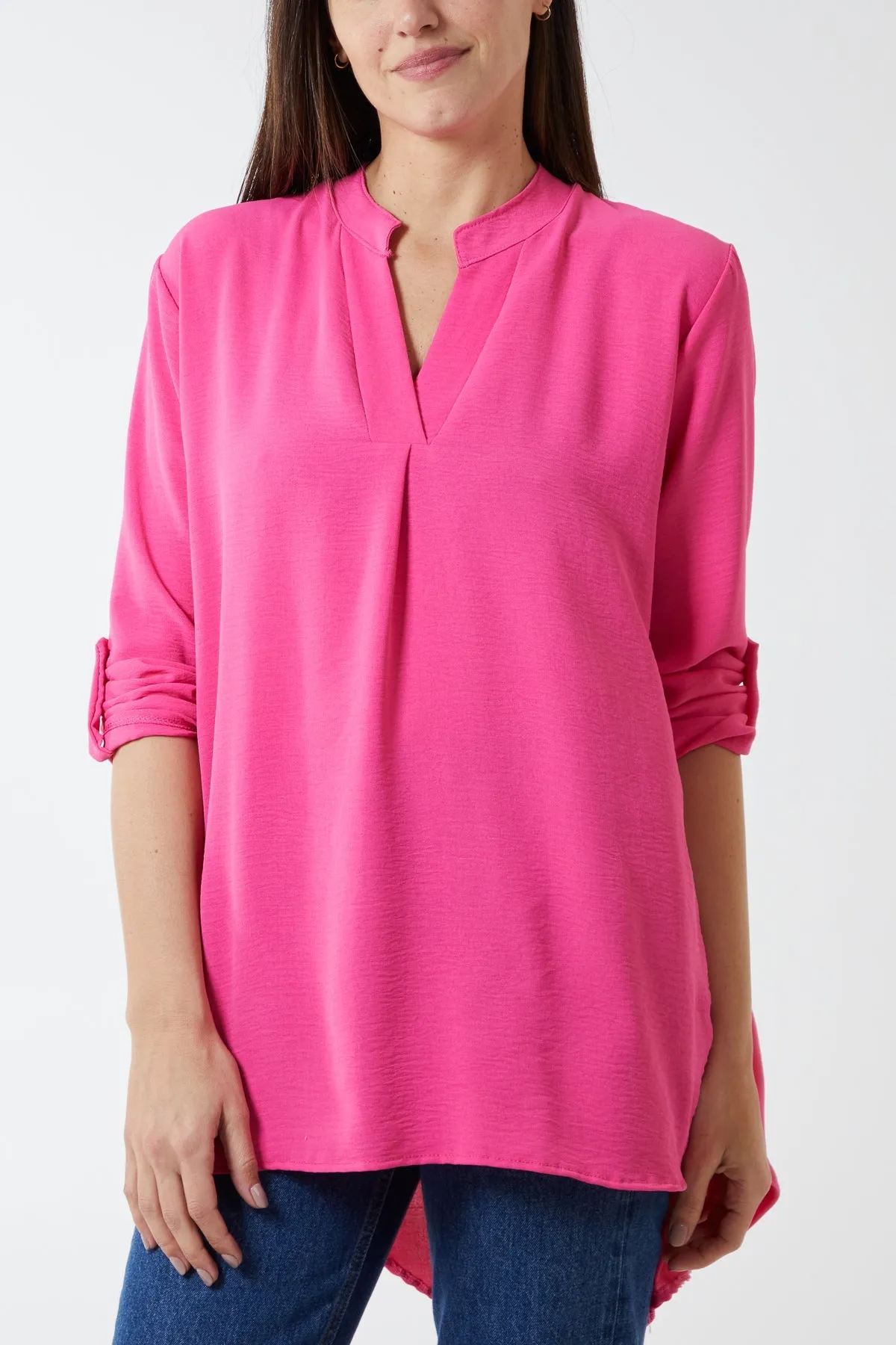 V-Neck Poly Crepe Roll Sleeve Blouse