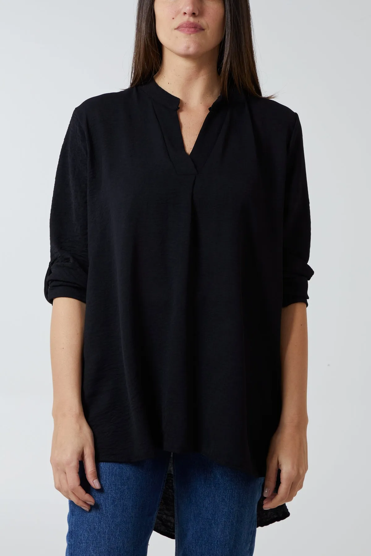 V-Neck Poly Crepe Roll Sleeve Blouse