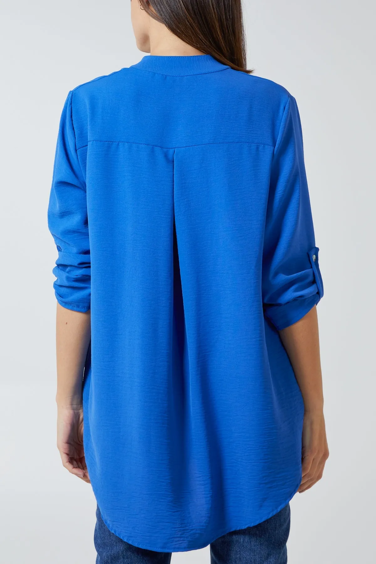 V-Neck Poly Crepe Roll Sleeve Blouse