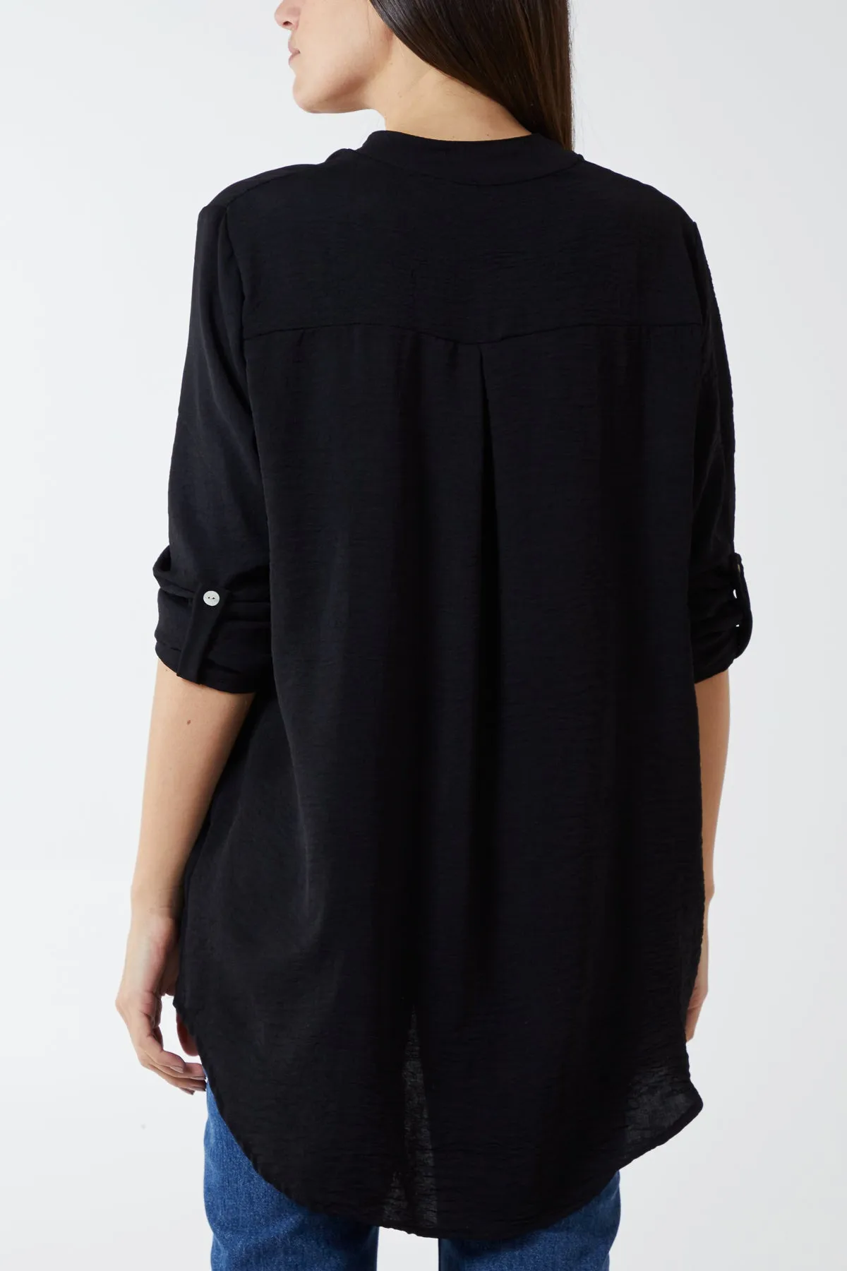 V-Neck Poly Crepe Roll Sleeve Blouse