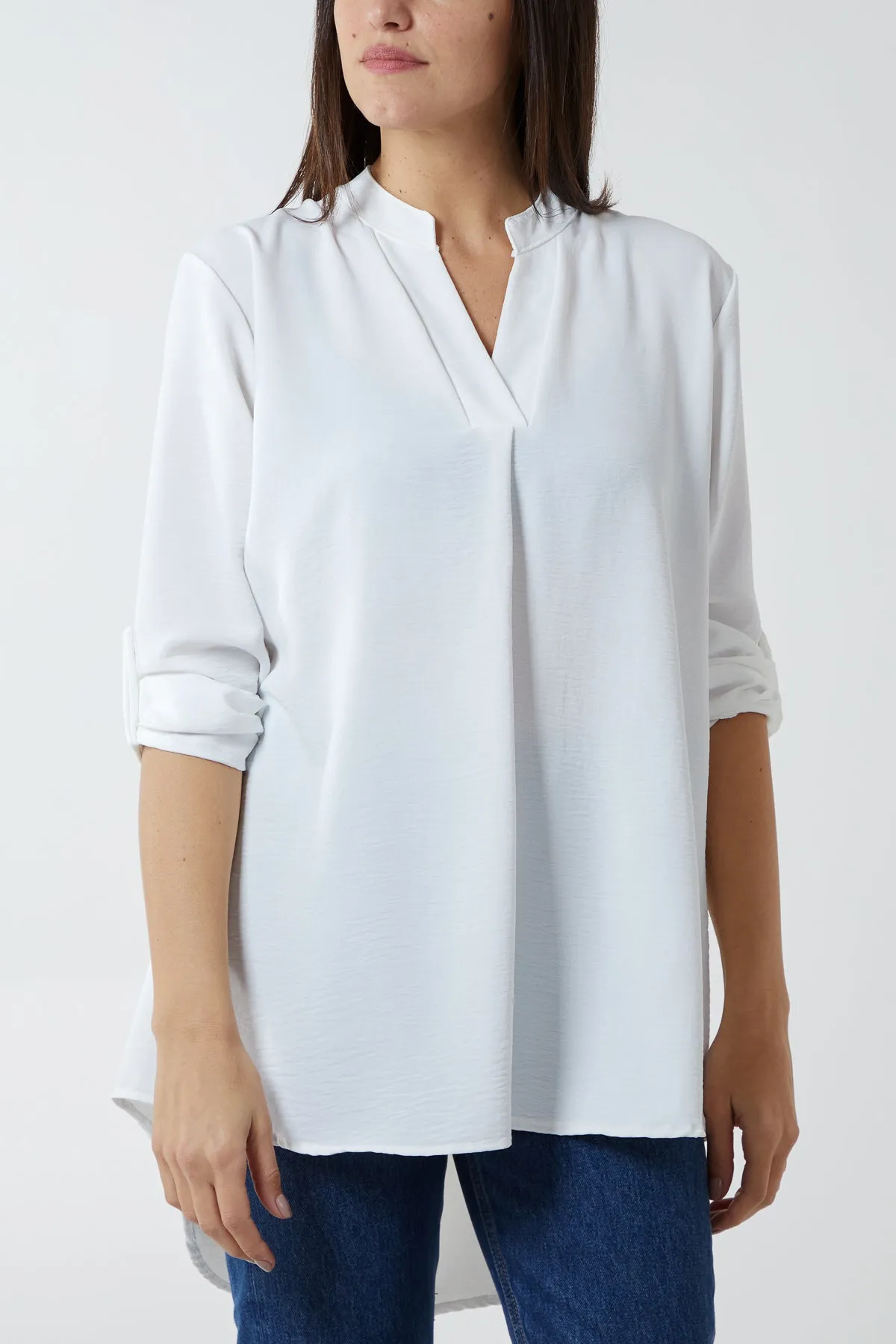 V-Neck Poly Crepe Roll Sleeve Blouse