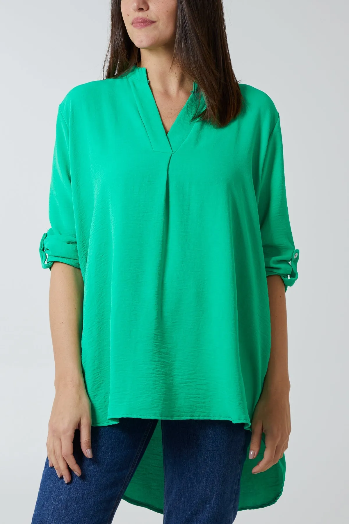 V-Neck Poly Crepe Roll Sleeve Blouse