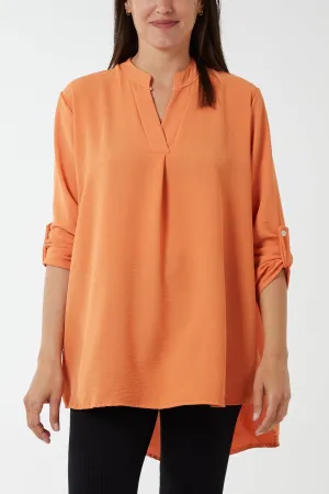 V-Neck Poly Crepe Roll Sleeve Blouse