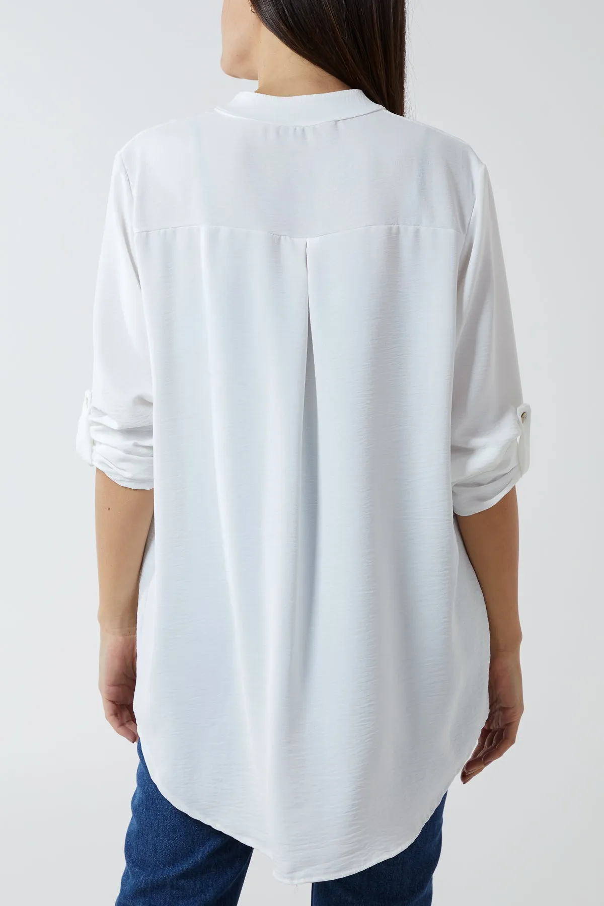 V-Neck Poly Crepe Roll Sleeve Blouse