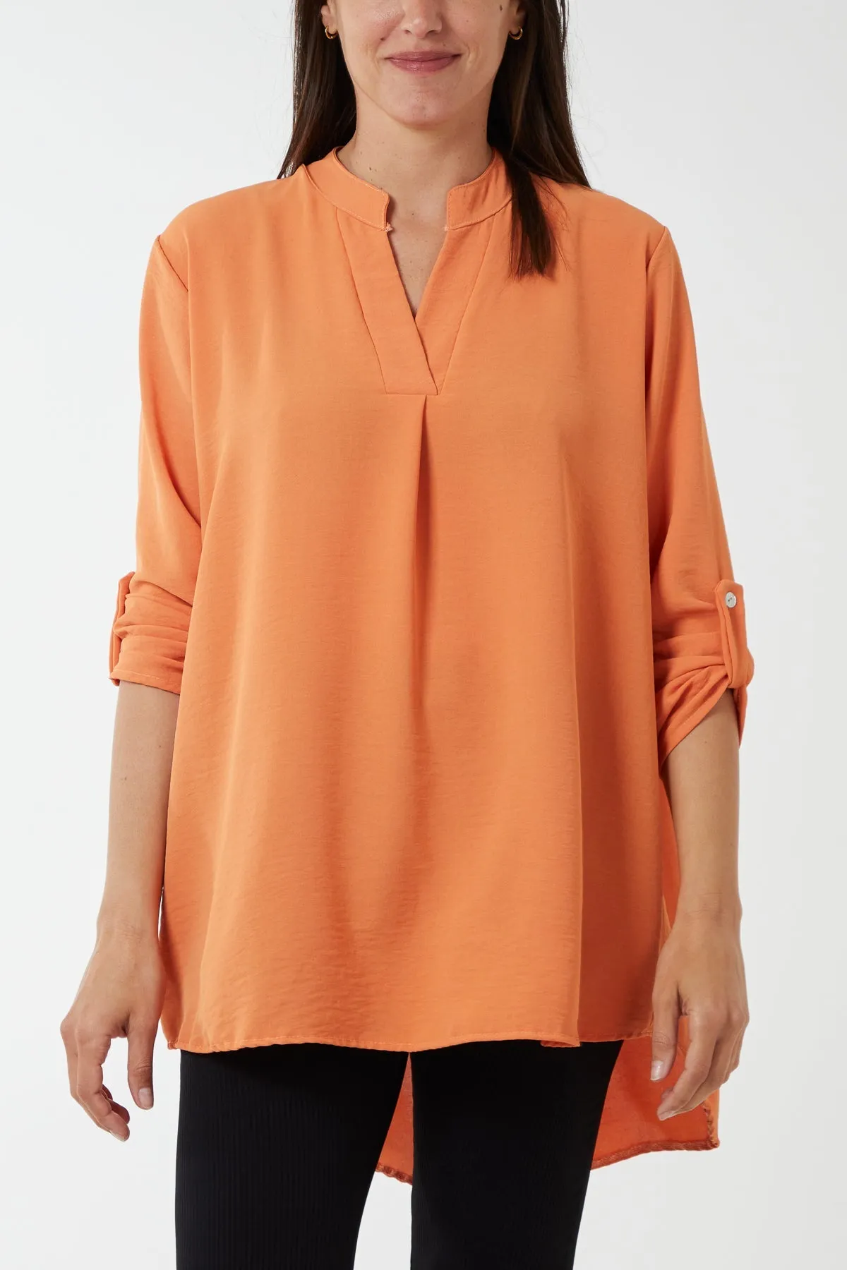 V-Neck Poly Crepe Roll Sleeve Blouse