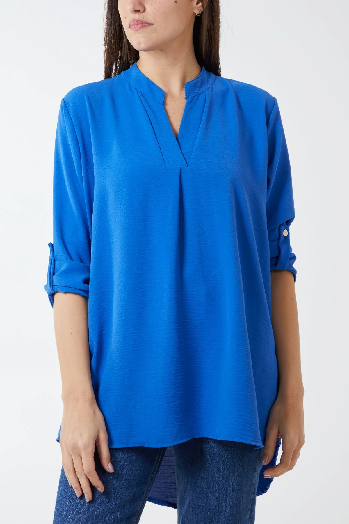 V-Neck Poly Crepe Roll Sleeve Blouse